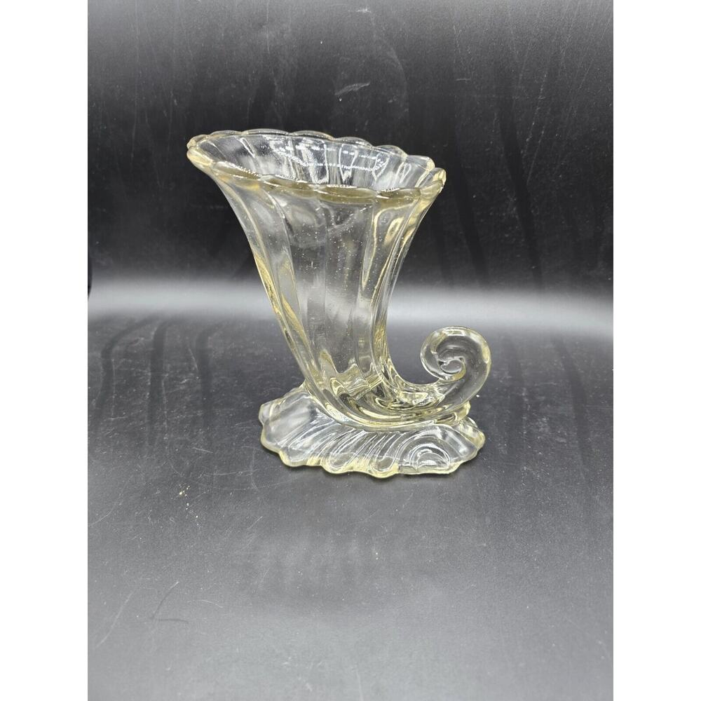 Warwick Horn of Plenty Cornucopia Vase Clear Glass Heavy Swirl VTG Heisey 7”